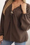 Bluzka damska z wiskozą z marszczonym dekoltem i ozdobą brązowa