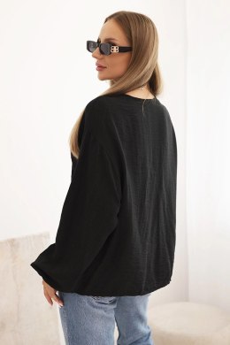 Bluzka damska z wiskozą z marszczonym dekoltem i ozdobą czarna
