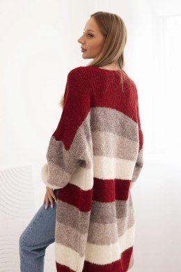 Kardigan damska z wełną w kolorowe pasy bordowy