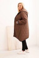 Kurtka damska Plus Size pikowana z kapturem i sportowymi mankietami czekoladowa