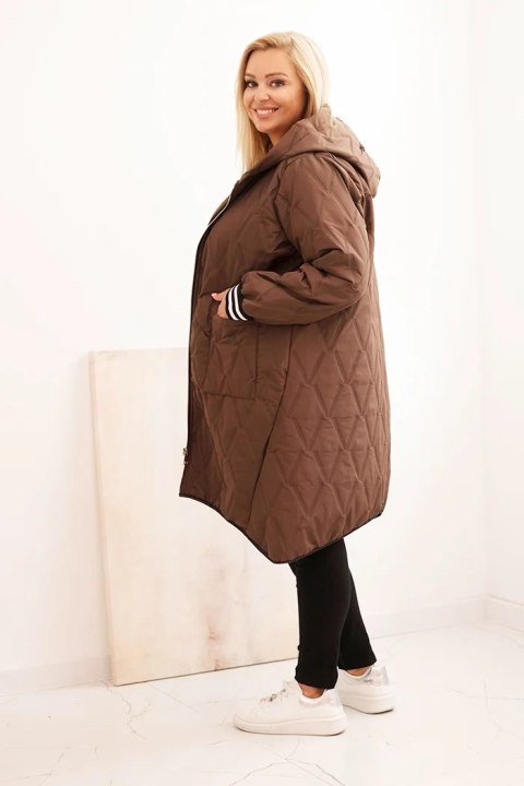 Kurtka damska Plus Size pikowana z kapturem i sportowymi mankietami czekoladowa