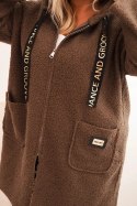 Płaszcz damski Plus Size ze sztucznego baranka z kapturem i kieszeniami brązowy