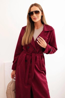 Płaszcz damski wiązany w talii z kołnierzem i guzikami bordowy