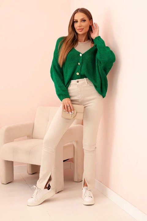 Sweter damski z dekoltem V i guzikami zielony