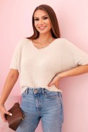Sweter damski z miękkiego włosia z dekoltem V krótki rękaw beżowy