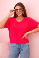 Sweter damski z miękkiego włosia z dekoltem V krótki rękaw fuksja
