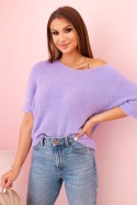 Sweter damski z miękkiego włosia z dekoltem V krótki rękaw jasno fioletowy