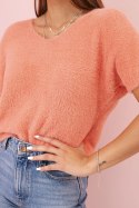 Sweter damski z miękkiego włosia z dekoltem V krótki rękaw łososiowy