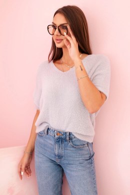 Sweter damski z miękkiego włosia z dekoltem V krótki rękaw szary