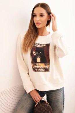 Bluza damska bawełniana z nadrukiem kota i napisem jasno beżowa