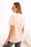 Bluzka damska bawełniana z dekoltem w serek z krótkim rękawem beżowa