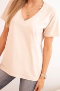 Bluzka damska bawełniana z dekoltem w serek z krótkim rękawem beżowa