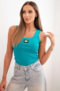 Bluzka damska prążkowana na ramiączkach z ozdobną naszywką ciemno miętowa