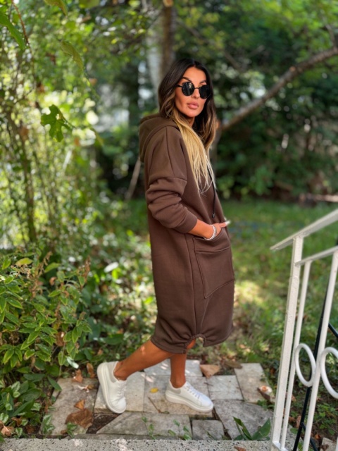 Długa bluza LAFAYETTE ocieplana z kapturem czekolada one size