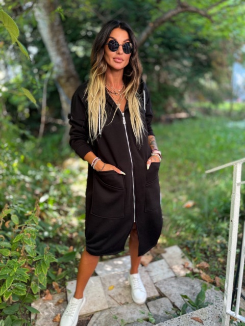 Długa bluza LAFAYETTE ocieplana z kapturem czerń one size