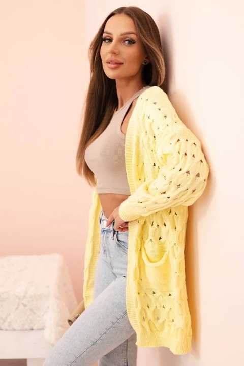Kardigan damski ażurowy z kieszeniami żółty