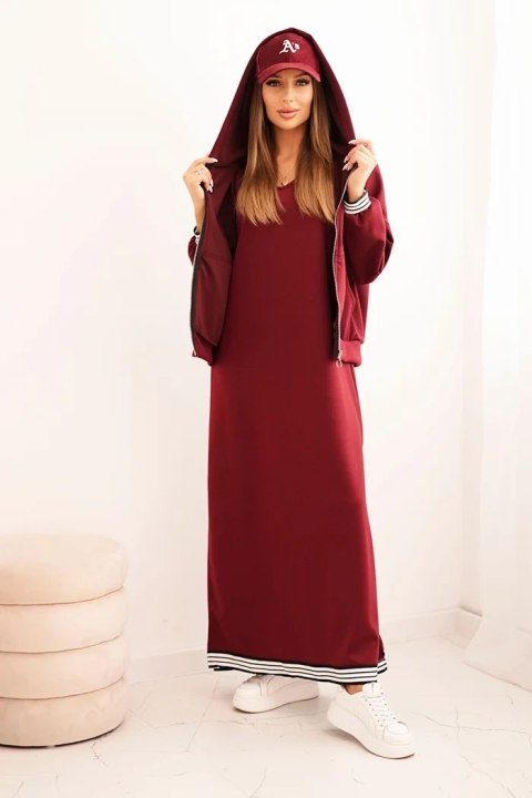 Komplet damska z wiskozą z rozpinaną bluzą i długą sukienką bordowa