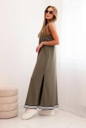 Komplet damska z wiskozą z rozpinaną bluzą i długą sukienką khaki