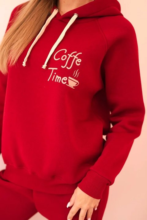 Komplet damski bawełniany ocieplany z nadrukiem bordowy