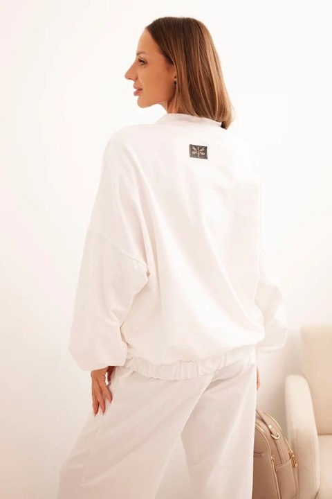 Komplet damski bawełniany z szeroką nogawką i bluzą na suwak ecru