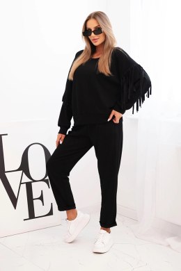 Komplet damski masełkowy z frędzlami na rękawach czarny
