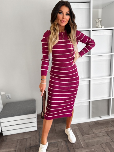 Prążkowana sukienka midi CLEMENT FRESH w paski | śliwka | one size