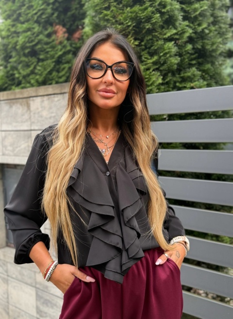 Koszula z żabotem PARI | CZERŃ| ściągacz przy rękawie | one size