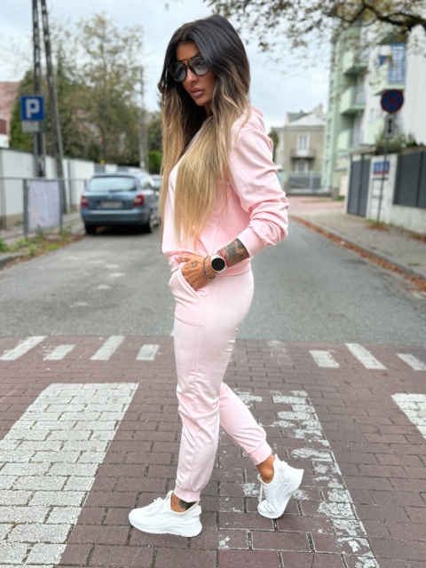 Welurowy dres RONY | WATA CUKROWA | długi rękaw | dekolt w serek