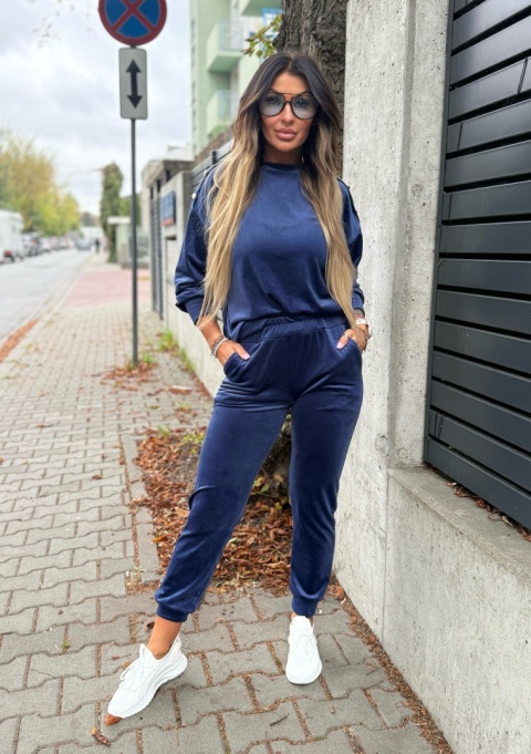 Welurowy komplet dresowy LA MER | GRANATOWA CZERŃ | napy | bluza i spodnie | one size