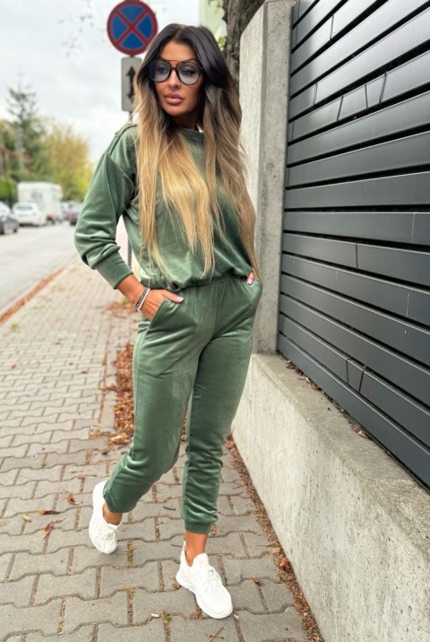 Welurowy komplet dresowy LA MER | KHAKI | napy | bluza i spodnie | one size