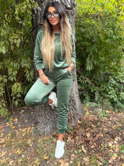 Welurowy komplet dresowy LA MER | KHAKI | napy | bluza i spodnie | one size