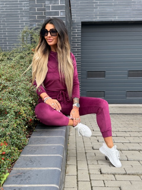 Welurowy komplet dresowy NATANIEL śliwka | kieszonka I one size