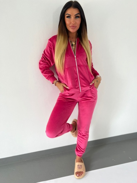 Welurowy komplet dresowy TIGUAN | fuksja | bluza na suwak | one size
