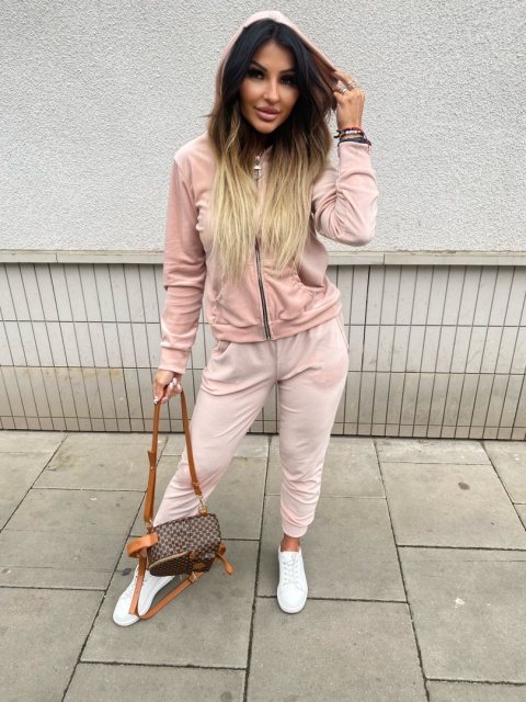 Welurowy komplet dresowy TIGUAN | pudrowy róż | bluza na suwak | one size