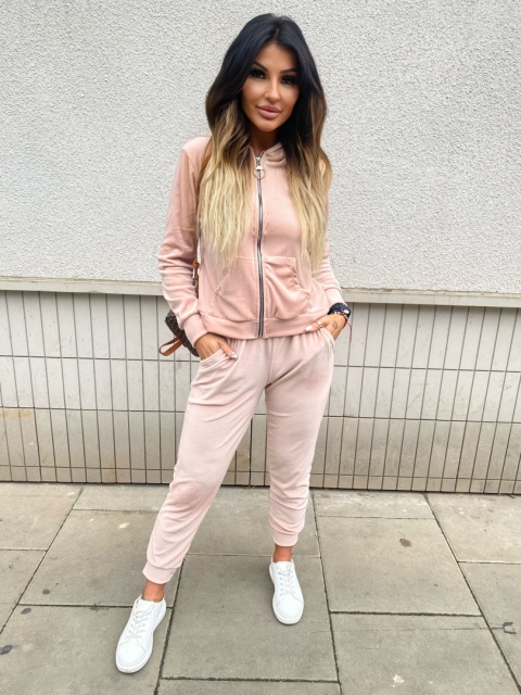 Welurowy komplet dresowy TIGUAN | pudrowy róż | bluza na suwak | one size