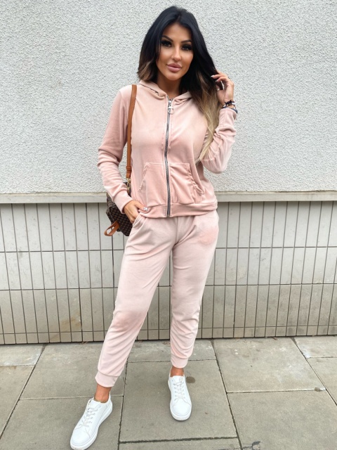 Welurowy komplet dresowy TIGUAN | pudrowy róż | bluza na suwak | one size