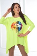 Bluzka oversize z nadrukiem tęczowych ust żółty neon