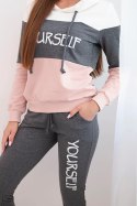 Komplet z nadrukiem Yourself ecru+grafitowy