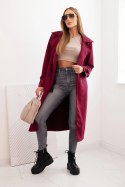 Płaszcz damski wiązany w talii z kołnierzem i guzikami bordowy