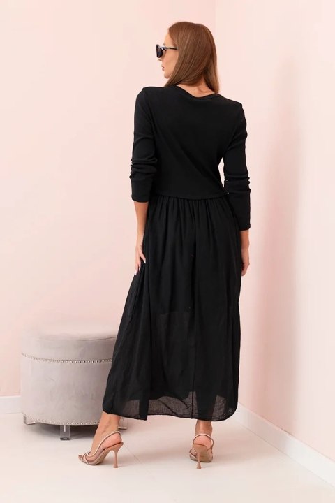 Sukienka damska z bawełną z długim rękawem i dekoltem V czarna