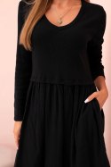 Sukienka damska z bawełną z długim rękawem i dekoltem V czarna
