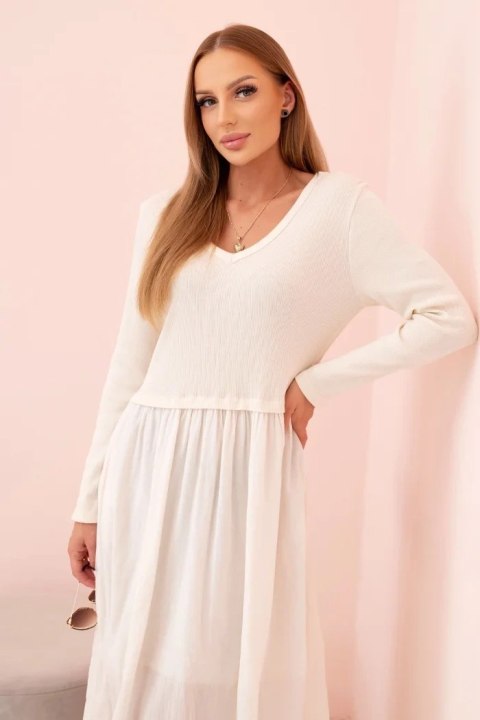 Sukienka damska z bawełną z długim rękawem i dekoltem V jasno beżowa