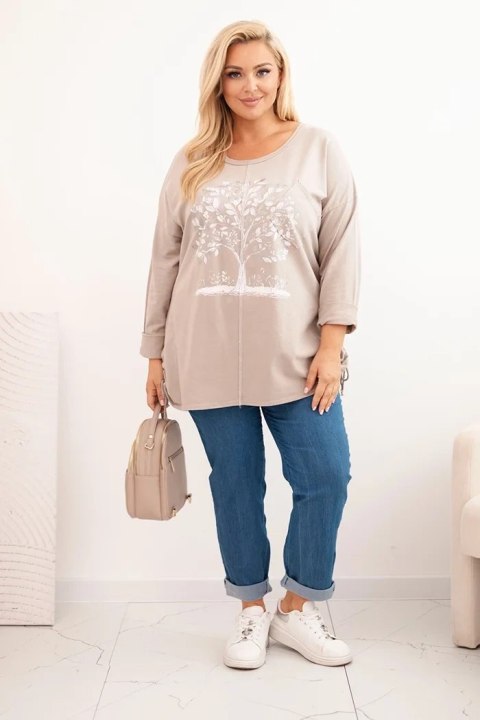 Bluza damska Plus Size bawełniana z nadrukiem drzewa beżowa