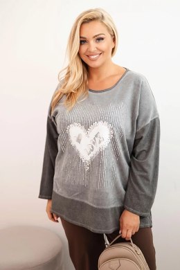 Bluza damska Plus Size bawełniana z nadrukiem serca i troczkami grafitowa