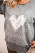 Bluza damska Plus Size bawełniana z nadrukiem serca i troczkami grafitowa
