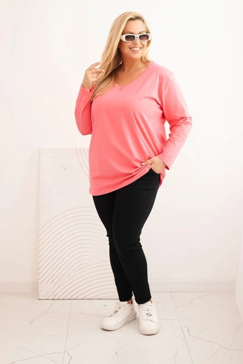Bluzka damska Plus Size z dekoltem V i długim rękawem różowa