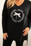 Bluzka damska z dłuższym tyłem i nadrukiem czarna