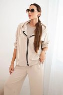 Komplet damski masełko z szeroką nogawką i bluzą na zamek beżowy