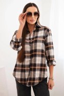 Koszula damska bawełniana w kratę z dłuższym tyłem brązowa + beżowa