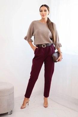Spodnie damskie wiskozowe z paskiem i zwężaną nogawką bordowe
